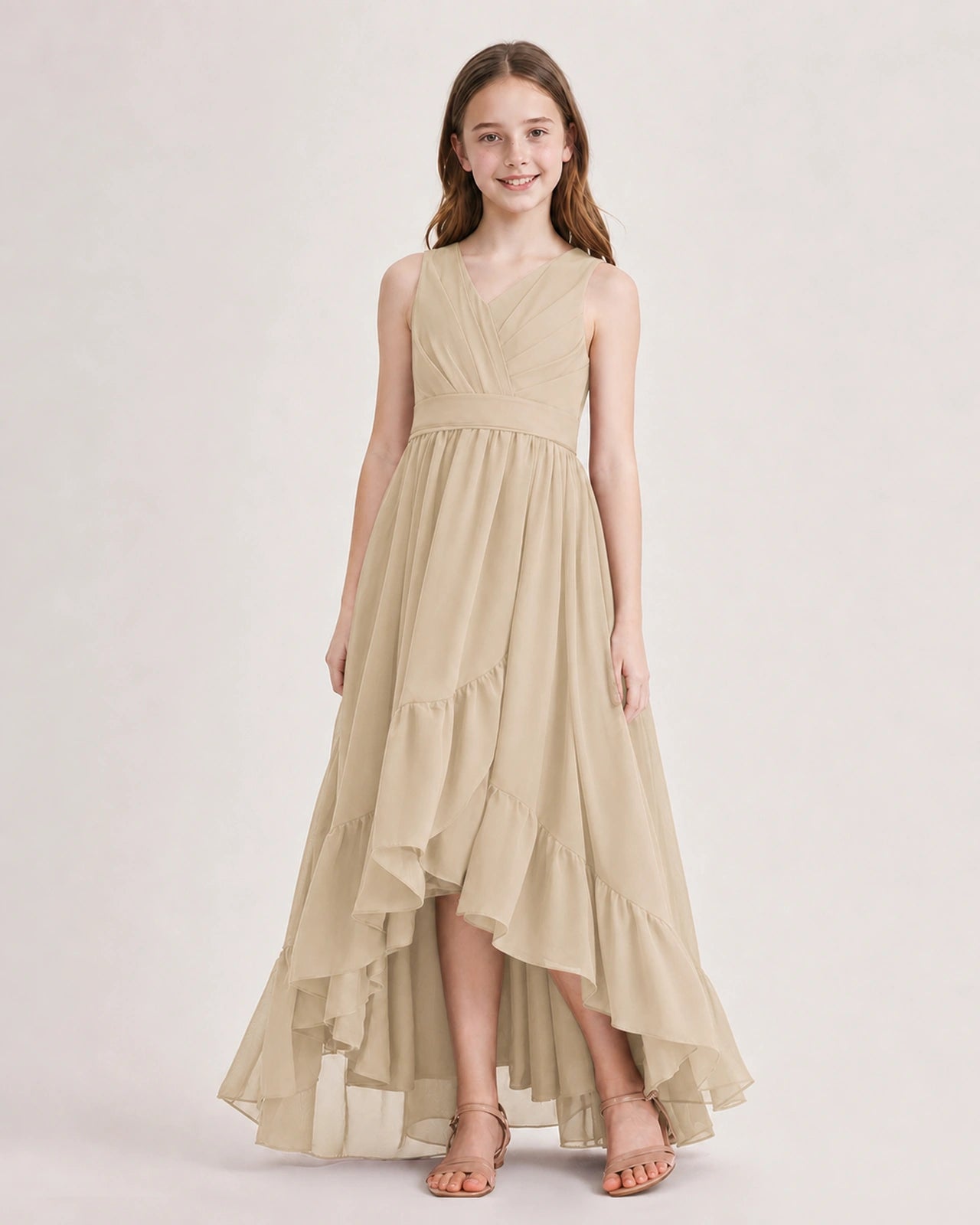 Dideyttawl Burgundy Junior Bridesmaid Dress | Sleeveless High Low Chiffon Formal Gown
