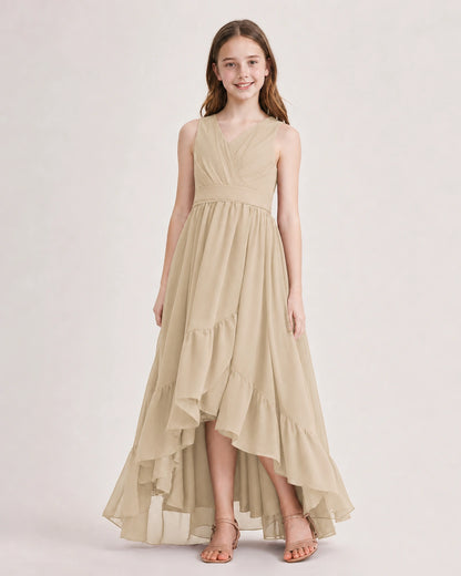 Dideyttawl Burgundy Junior Bridesmaid Dress | Sleeveless High Low Chiffon Formal Gown