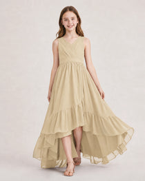 Dideyttawl Burgundy Junior Bridesmaid Dress Sleeveless High Low Chiffon Formal Gown