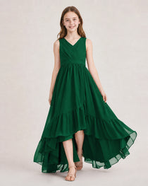 Dideyttawl Burgundy Junior Bridesmaid Dress Sleeveless High Low Chiffon Formal Gown