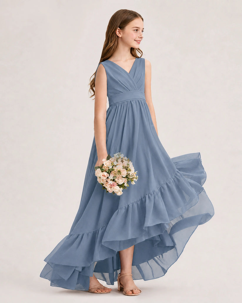 Dusty Blue Chiffon A-line Junior Bridesmaid Dress Side View