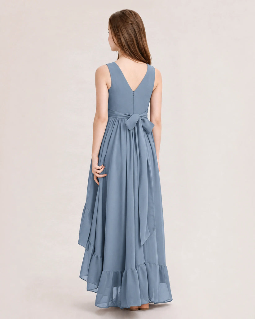 Dusty Blue Chiffon A-line Junior Bridesmaid Dress Back View
