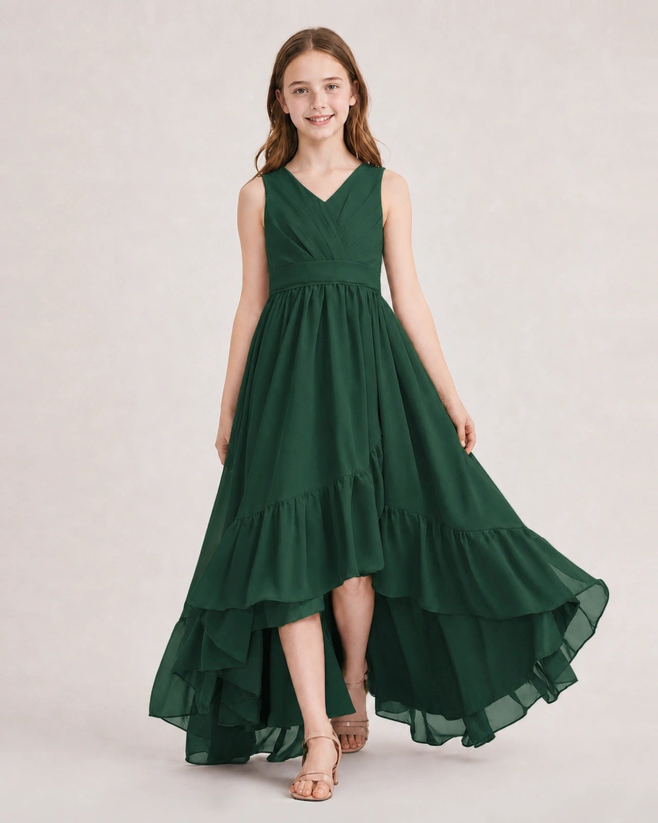 Dideyttawl Burgundy Junior Bridesmaid Dress | Sleeveless High Low Chiffon Formal Gown