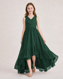 Dideyttawl Burgundy Junior Bridesmaid Dress Sleeveless High Low Chiffon Formal Gown