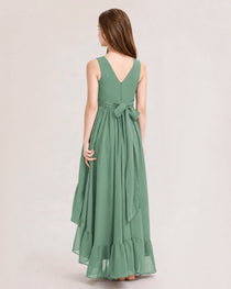 Dideyttawl Burgundy Junior Bridesmaid Dress Sleeveless High Low Chiffon Formal Gown