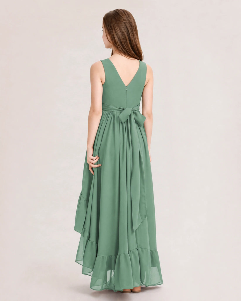 Eucalyptus Chiffon A-line Junior Bridesmaid Dress Back View