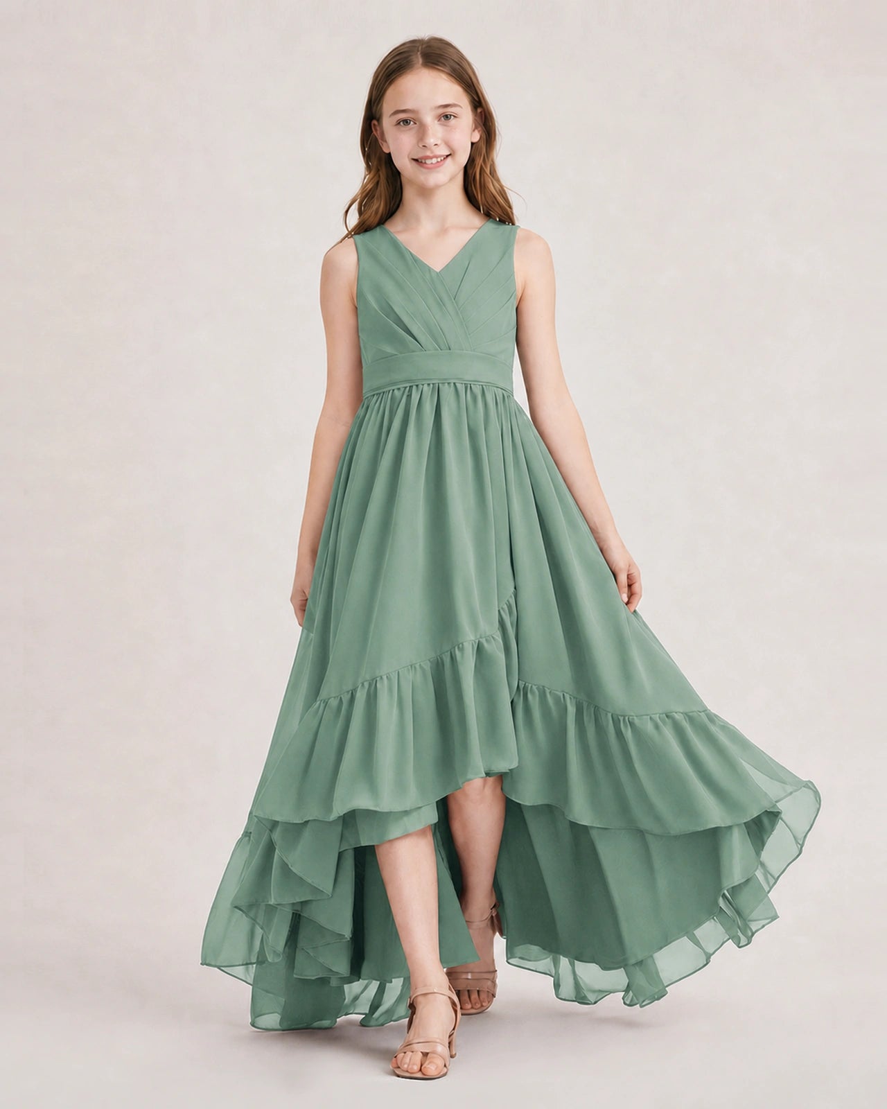 Dideyttawl Burgundy Junior Bridesmaid Dress Sleeveless High Low Chiffon Formal Gown