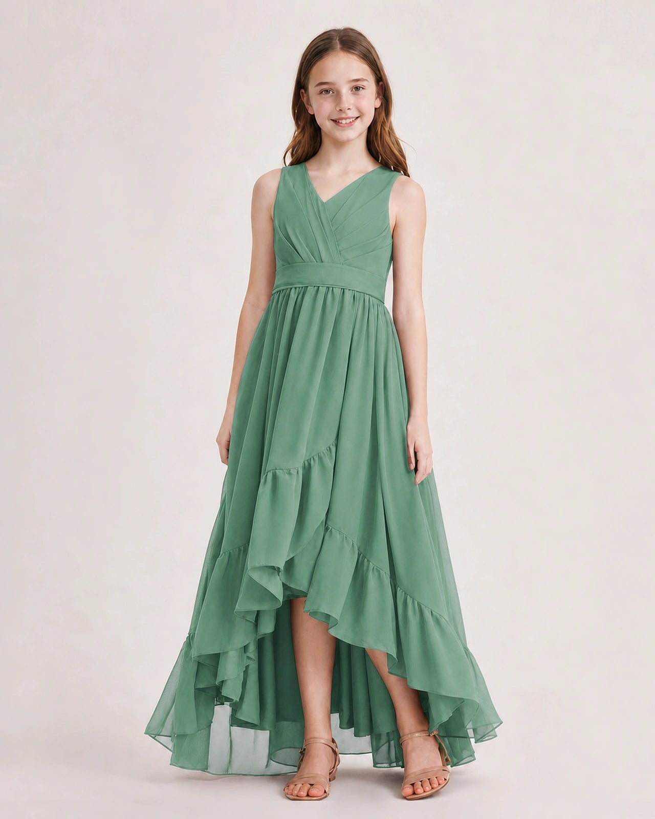 Dideyttawl Burgundy Junior Bridesmaid Dress | Sleeveless High Low Chiffon Formal Gown