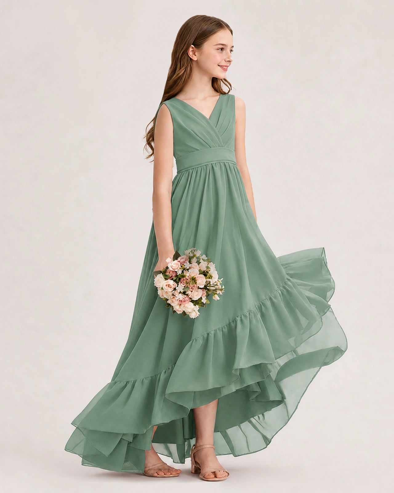 Dideyttawl Burgundy Junior Bridesmaid Dress Sleeveless High Low Chiffon Formal Gown