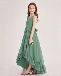 Dideyttawl Burgundy Junior Bridesmaid Dress Sleeveless High Low Chiffon Formal Gown