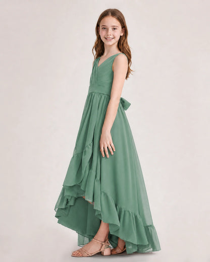 Dideyttawl Burgundy Junior Bridesmaid Dress | Sleeveless High Low Chiffon Formal Gown