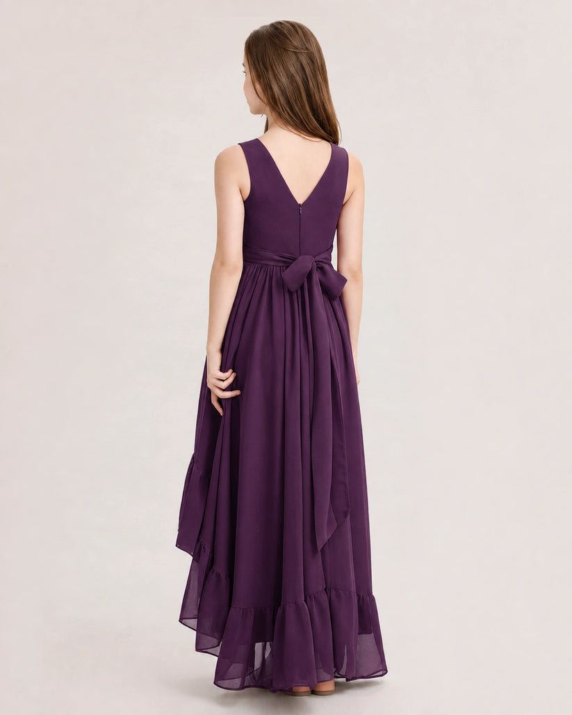 Grape Chiffon A-line Junior Bridesmaid Dress Back View