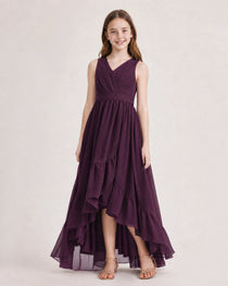 Dideyttawl Burgundy Junior Bridesmaid Dress Sleeveless High Low Chiffon Formal Gown