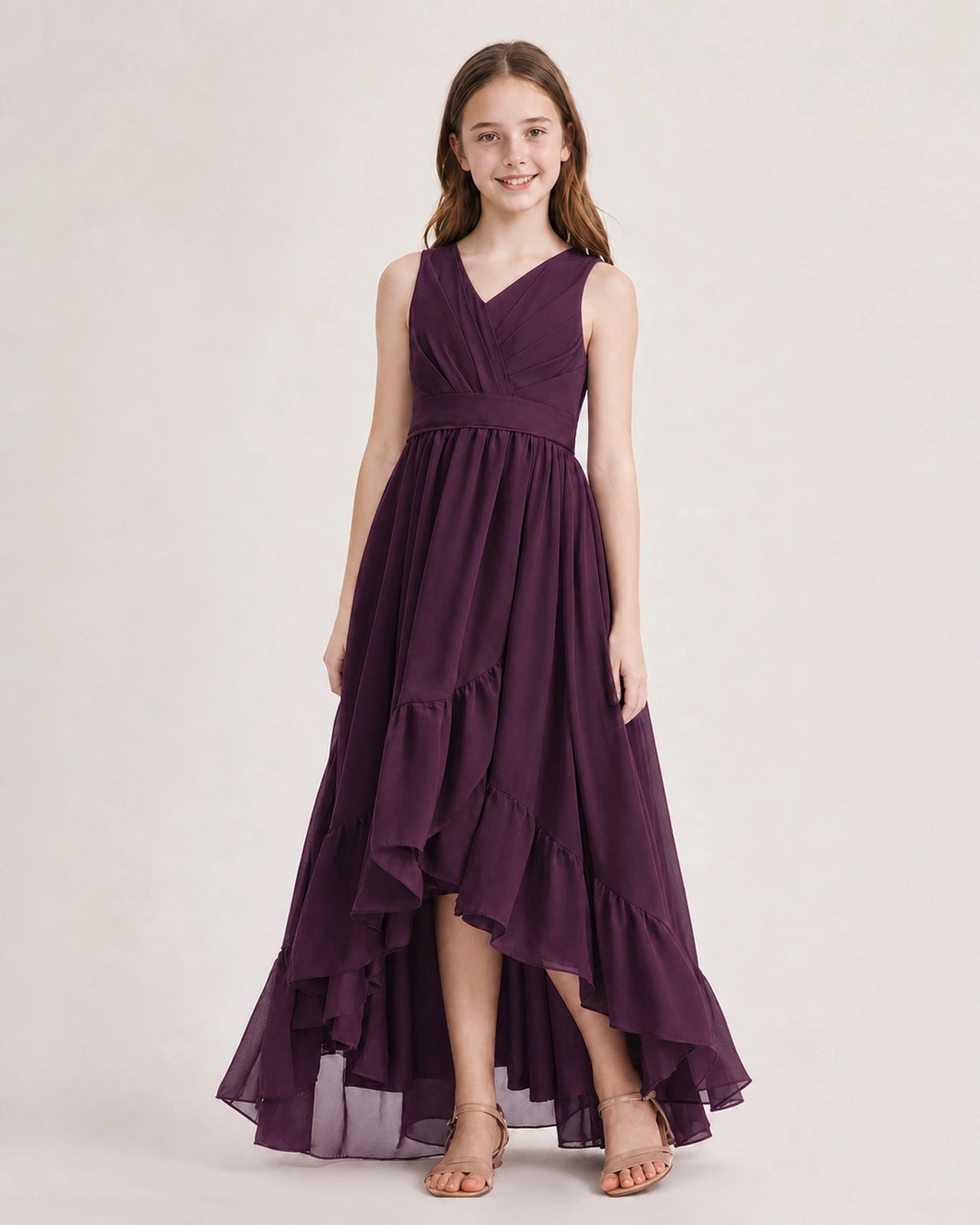 Dideyttawl Burgundy Junior Bridesmaid Dress Sleeveless High Low Chiffon Formal Gown