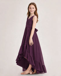 Dideyttawl Burgundy Junior Bridesmaid Dress Sleeveless High Low Chiffon Formal Gown