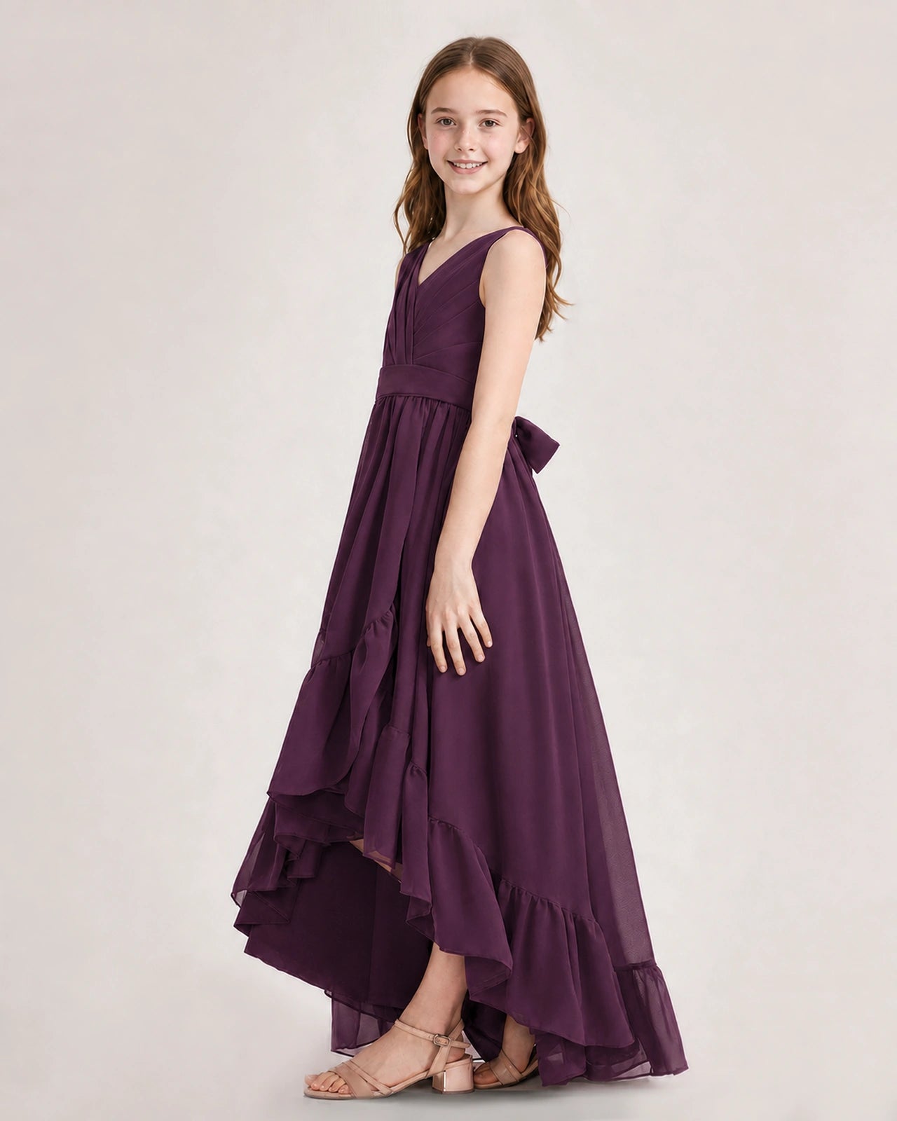 Dideyttawl Burgundy Junior Bridesmaid Dress Sleeveless High Low Chiffon Formal Gown
