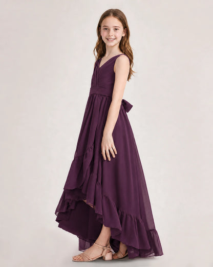 Dideyttawl Burgundy Junior Bridesmaid Dress | Sleeveless High Low Chiffon Formal Gown