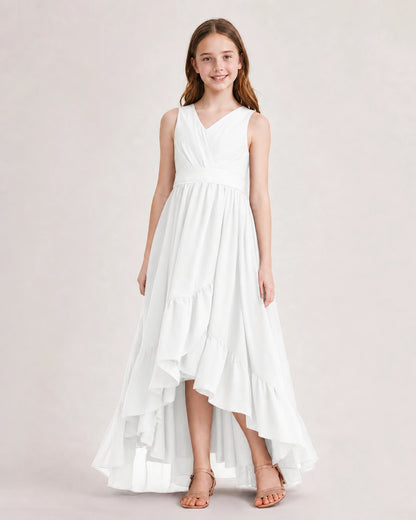 Dideyttawl Burgundy Junior Bridesmaid Dress | Sleeveless High Low Chiffon Formal Gown
