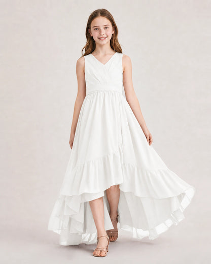 Dideyttawl Burgundy Junior Bridesmaid Dress | Sleeveless High Low Chiffon Formal Gown