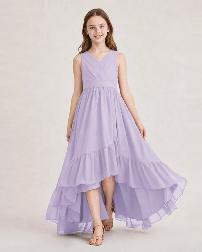 Dideyttawl Burgundy Junior Bridesmaid Dress | Sleeveless High Low Chiffon Formal Gown