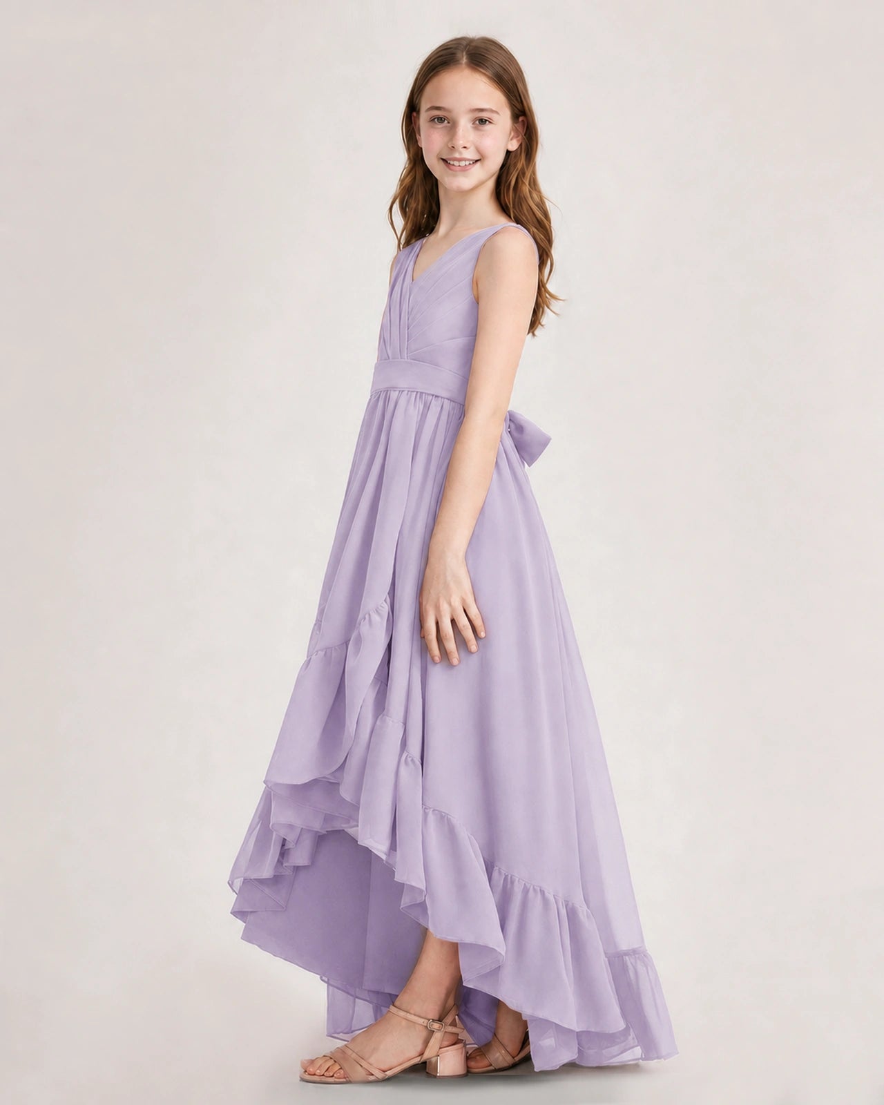 Dideyttawl Burgundy Junior Bridesmaid Dress Sleeveless High Low Chiffon Formal Gown