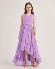 Dideyttawl Burgundy Junior Bridesmaid Dress Sleeveless High Low Chiffon Formal Gown