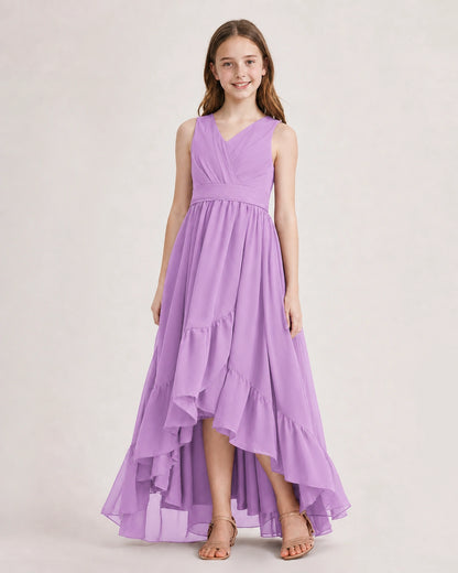 Dideyttawl Burgundy Junior Bridesmaid Dress | Sleeveless High Low Chiffon Formal Gown