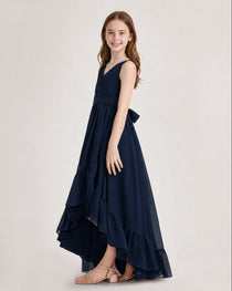 Dideyttawl Burgundy Junior Bridesmaid Dress Sleeveless High Low Chiffon Formal Gown