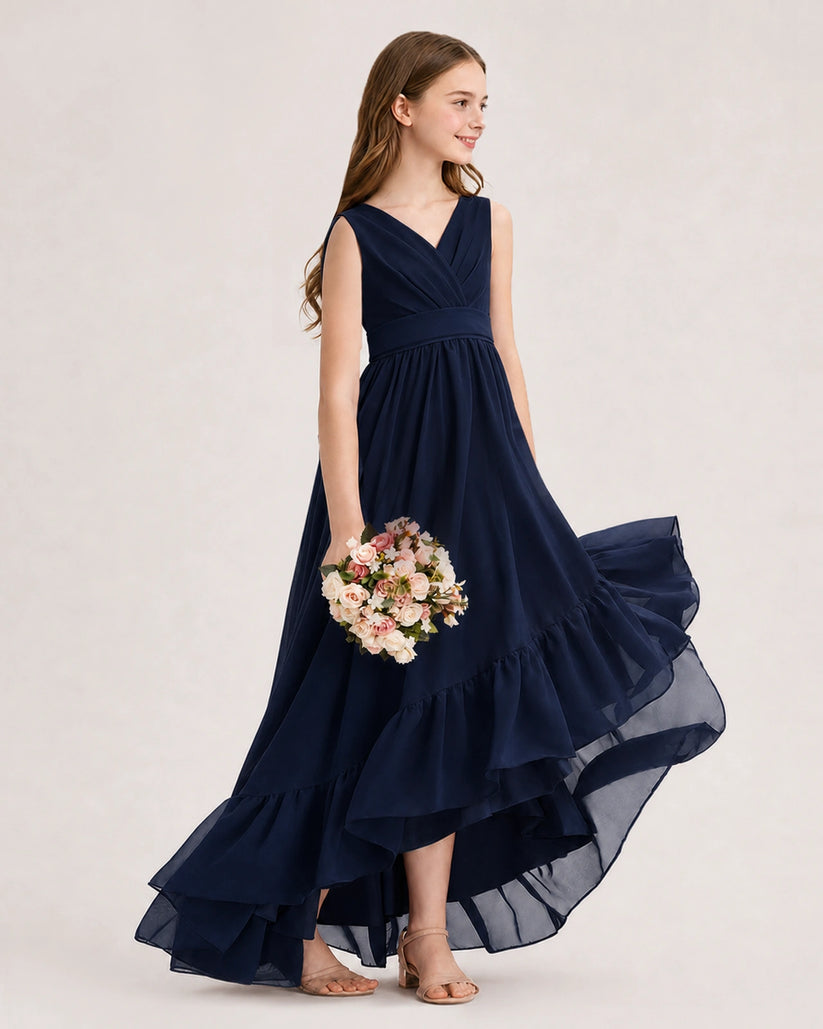 Navy Blue Chiffon A-line Junior Bridesmaid Dress Side View