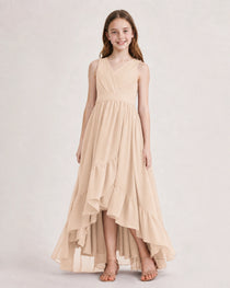 Dideyttawl Burgundy Junior Bridesmaid Dress Sleeveless High Low Chiffon Formal Gown