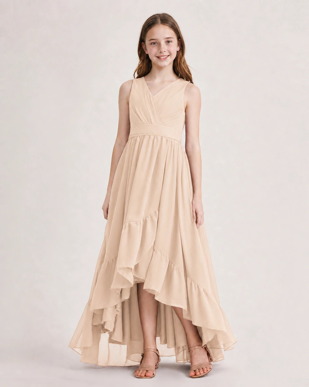 Dideyttawl Burgundy Junior Bridesmaid Dress Sleeveless High Low Chiffon Formal Gown