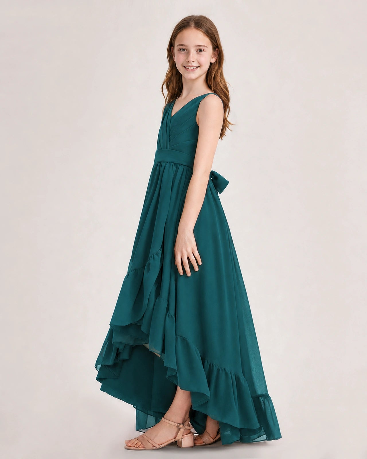 Dideyttawl Burgundy Junior Bridesmaid Dress | Sleeveless High Low Chiffon Formal Gown