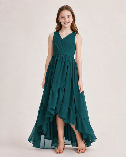 Dideyttawl Burgundy Junior Bridesmaid Dress | Sleeveless High Low Chiffon Formal Gown