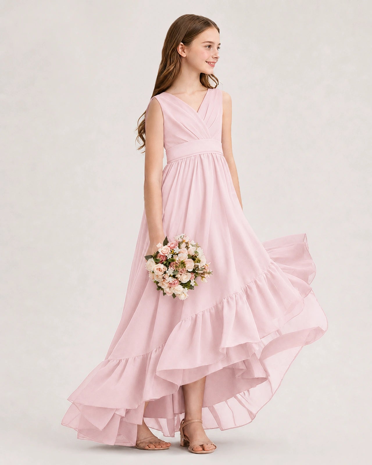 Dideyttawl Burgundy Junior Bridesmaid Dress | Sleeveless High Low Chiffon Formal Gown