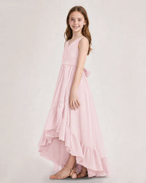 Dideyttawl Burgundy Junior Bridesmaid Dress Sleeveless High Low Chiffon Formal Gown
