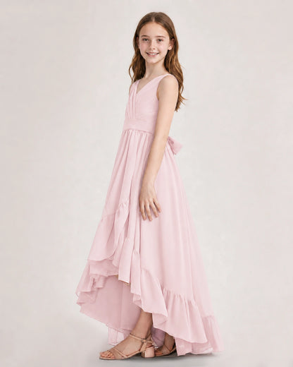 Dideyttawl Burgundy Junior Bridesmaid Dress | Sleeveless High Low Chiffon Formal Gown