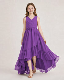 Dideyttawl Burgundy Junior Bridesmaid Dress Sleeveless High Low Chiffon Formal Gown