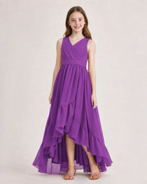 Dideyttawl Burgundy Junior Bridesmaid Dress Sleeveless High Low Chiffon Formal Gown