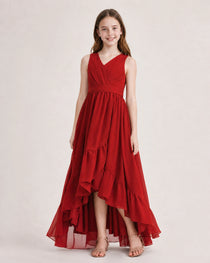 Dideyttawl Burgundy Junior Bridesmaid Dress Sleeveless High Low Chiffon Formal Gown