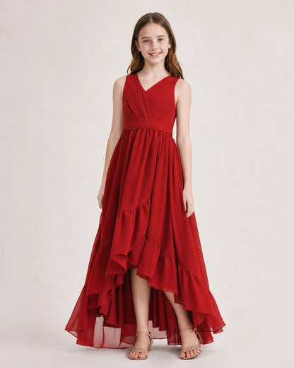 Dideyttawl Burgundy Junior Bridesmaid Dress | Sleeveless High Low Chiffon Formal Gown