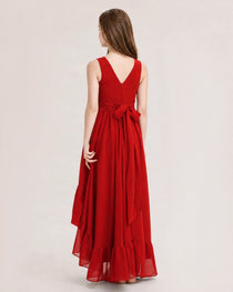 Dideyttawl Burgundy Junior Bridesmaid Dress Sleeveless High Low Chiffon Formal Gown
