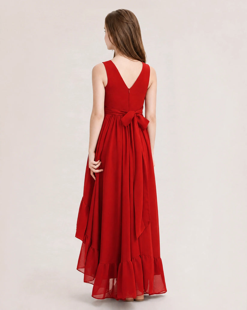 Red Chiffon A-line Junior Bridesmaid Dress Back View