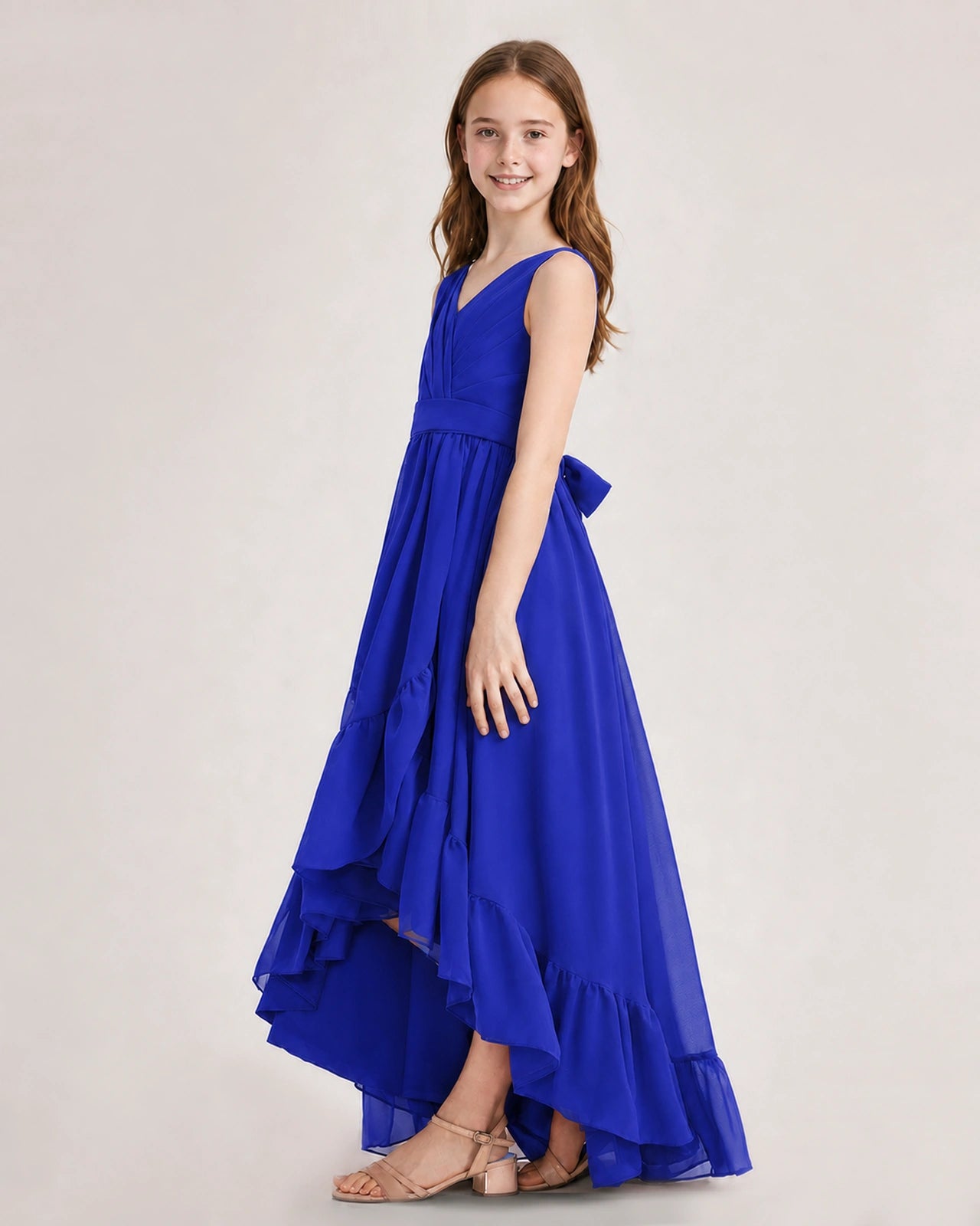 Dideyttawl Burgundy Junior Bridesmaid Dress Sleeveless High Low Chiffon Formal Gown