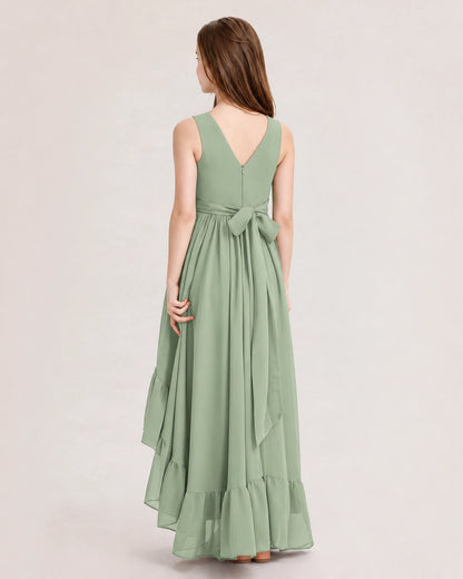 Dideyttawl Burgundy Junior Bridesmaid Dress | Sleeveless High Low Chiffon Formal Gown