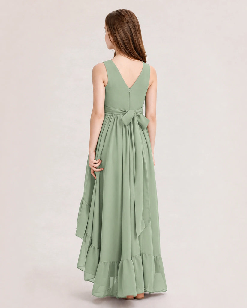 Sage Green Chiffon A-line Junior Bridesmaid Dress Back View