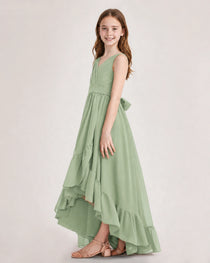 Dideyttawl Burgundy Junior Bridesmaid Dress Sleeveless High Low Chiffon Formal Gown