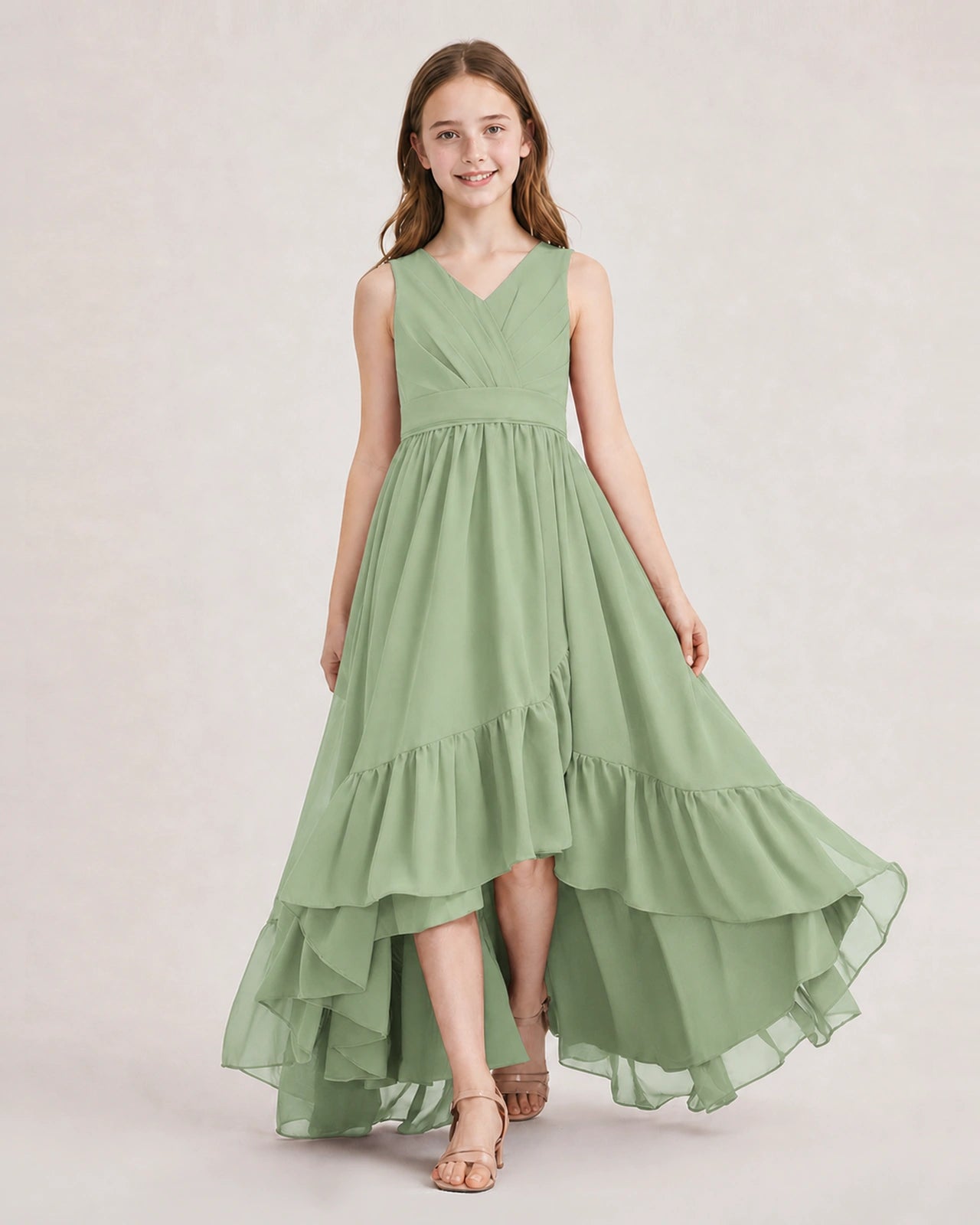 Dideyttawl Burgundy Junior Bridesmaid Dress | Sleeveless High Low Chiffon Formal Gown