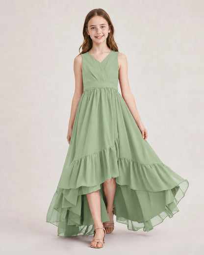 Dideyttawl Burgundy Junior Bridesmaid Dress | Sleeveless High Low Chiffon Formal Gown