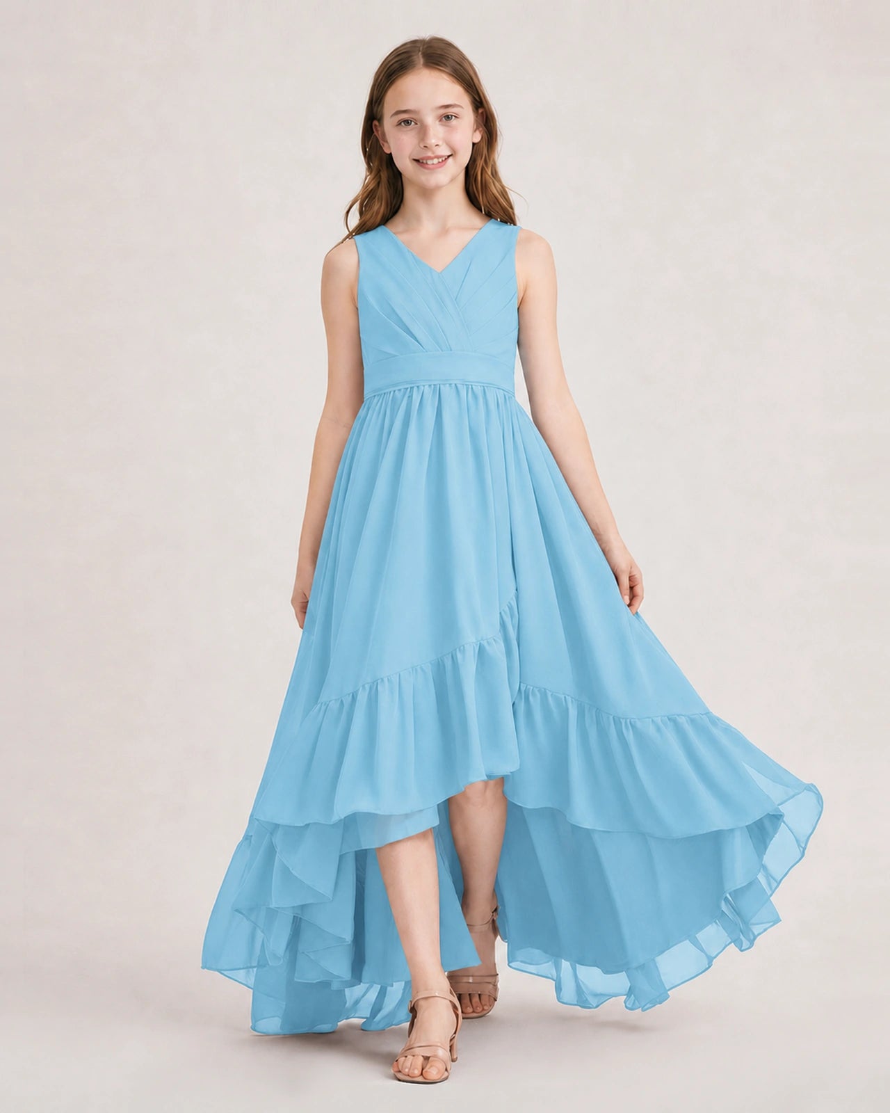 Dideyttawl Burgundy Junior Bridesmaid Dress Sleeveless High Low Chiffon Formal Gown