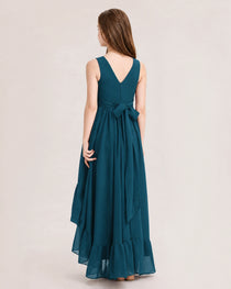 Dideyttawl Burgundy Junior Bridesmaid Dress Sleeveless High Low Chiffon Formal Gown